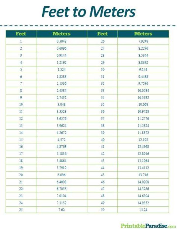 Printable Feet to Meters Conversion Chart